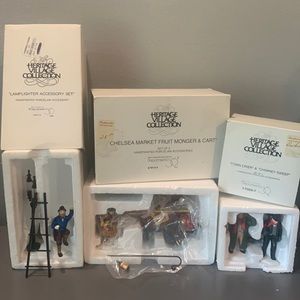 Dept 56 3 pieces: Lamplighter, town crier & chimney sweep, fruit monger cart